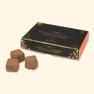 Verpakking Booja Booja, chocolade truffels met sinaasappel