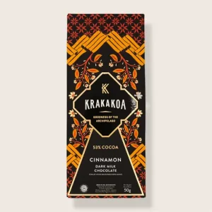Voorkant van de verpakking Krakakoa | Melkchocolade met kaneel.