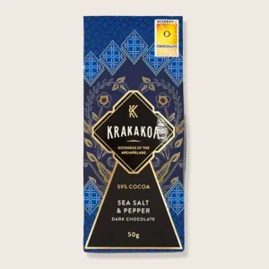 Voorkant van de verpakking Krakakoa | Pure chocolade met zeezout en peper